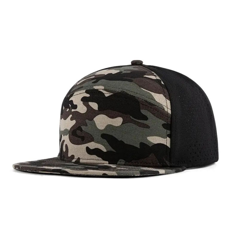 Camouflage Laser Hole Back Panel Recycled Cotton Blank Flat Snapback Cap-Army green camo-CCS606-main image