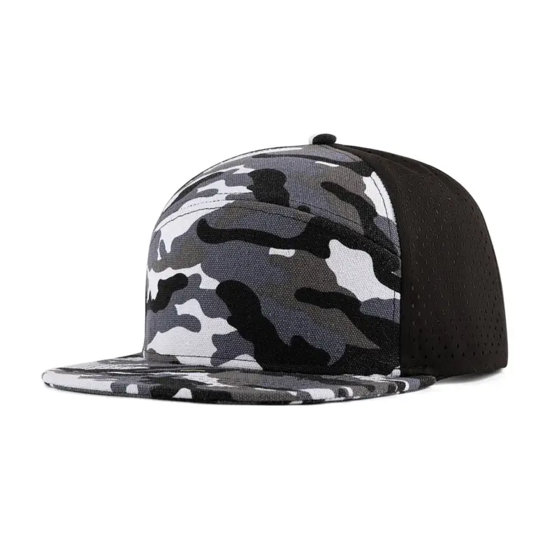 Camouflage Laser Hole Back Panel Recycled Cotton Blank Flat Snapback Cap-Black blue camo-CCS602-main image