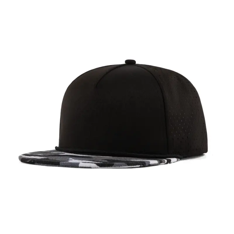 5-Panel Camouflage rPET Laser Cut Flat Brim Blank Snapback rope Hat -Black blue camo-CCS502-main image