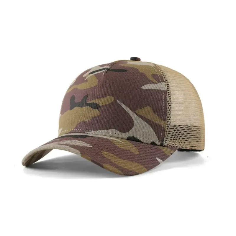 Recycled Cotton 5-Panel Camouflage rPET Blank Mesh Trucker Cap-Khaki camo-CCT505-main image